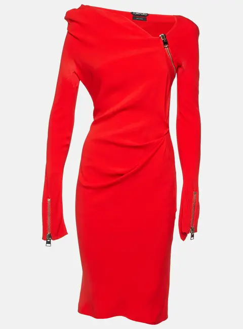 Tom Ford Red Silk Draped Zip Detail Short Dress S