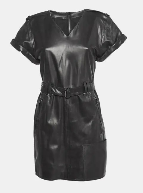 Tom Ford Black Leather V-Neck Belted Mini Dress M
