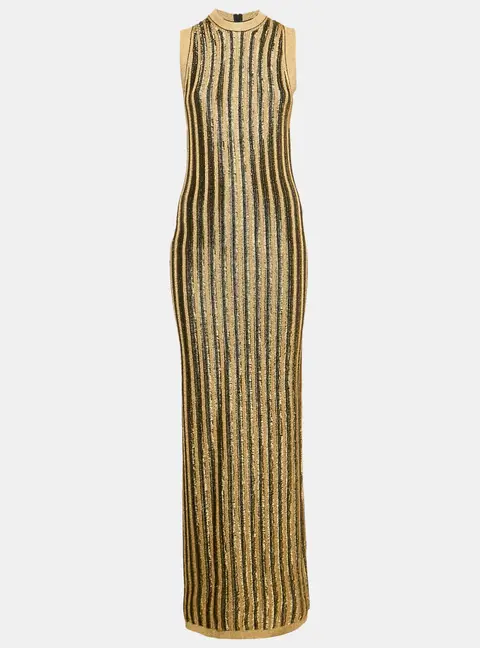 Tom Ford Black/Gold Lurex Slinky Rib Knit Crewneck Maxi Dress XS
