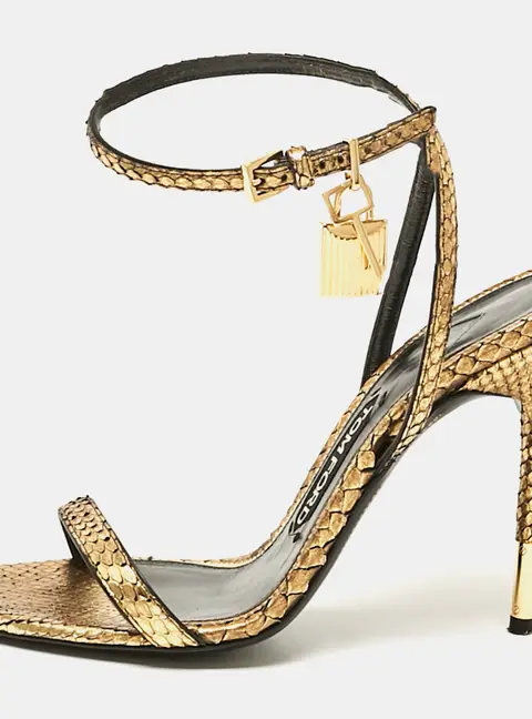 Tom Ford Padlock Size 37.5 Gold Python Leather Ankle Strap Sandals