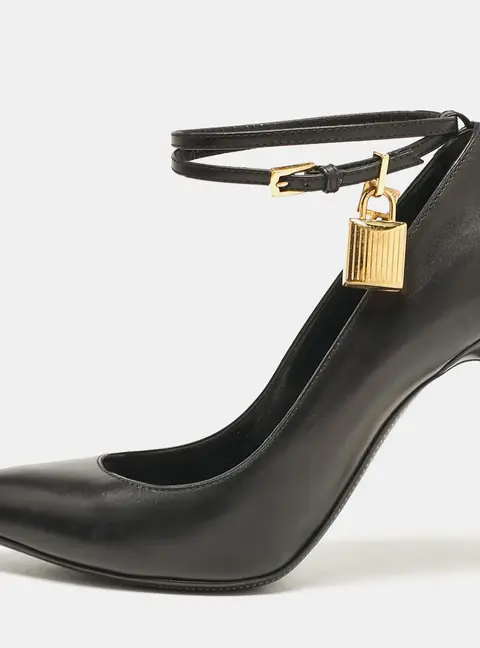 Tom Ford Black Leather Padlock Ankle Wrap Pumps Size 38
