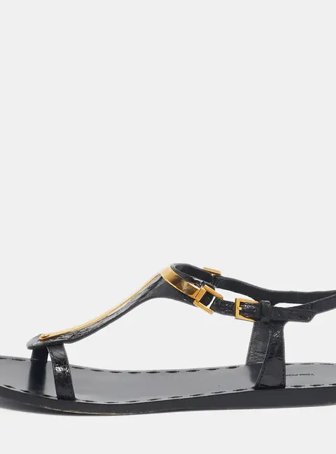 Tom Ford Black Croc Embossed Leather T-Strap Flat Sandals Size 37
