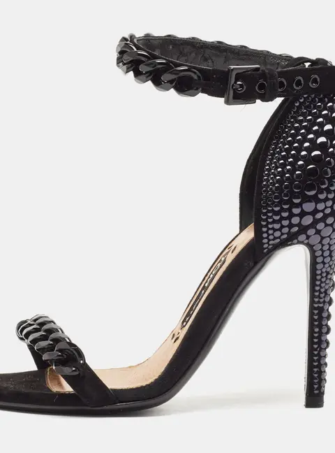 Tom Ford Black Suede Studded Chain Link Ankle Strap Sandals Size 37