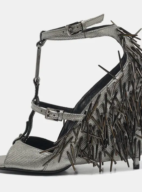 Tom Ford Metallic Grey Leather Embellished  Wedge Sandals Size 37