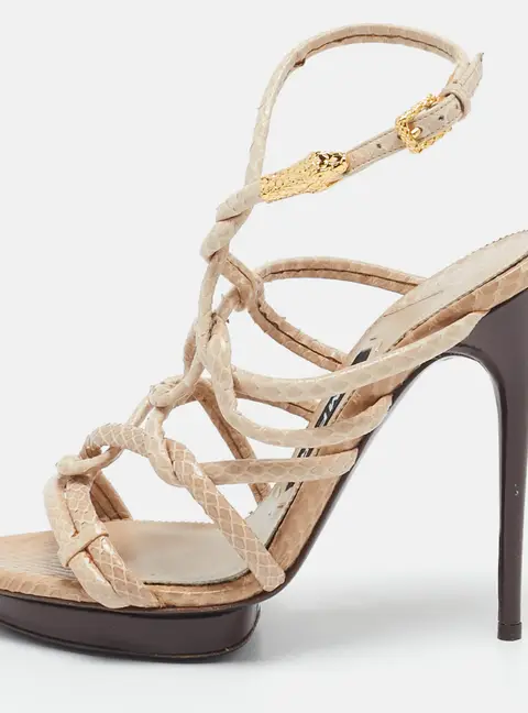 Tom Ford Size 37.5 Beige Python Leather Ankle Strap Sandals