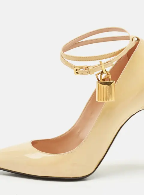 Tom Ford Beige Leather Padlock Ankle Wrap Pumps Size 38