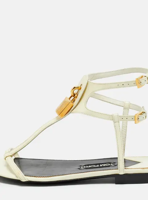 Tom Ford Padlock Size 37.5 White Patent Leather Ankle Strap Flats