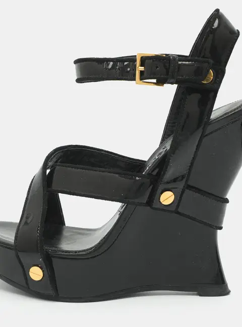 Tom Ford Size 37.5 Black Patent Leather and Suede Wedge Sandals