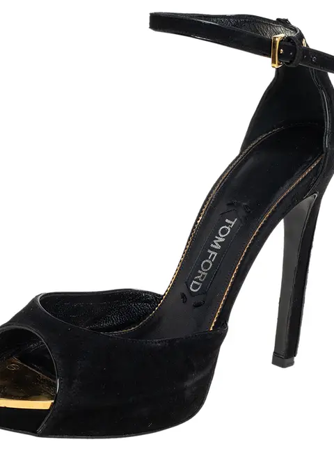 Tom Ford Black Suede Screw Studded Ankle Strap Sandals Size 39