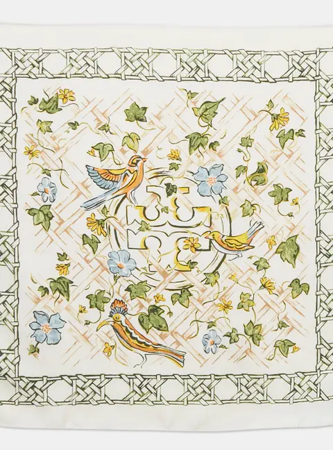 Tory Burch Cream Painted Caning with Birds Silk Neckerchief