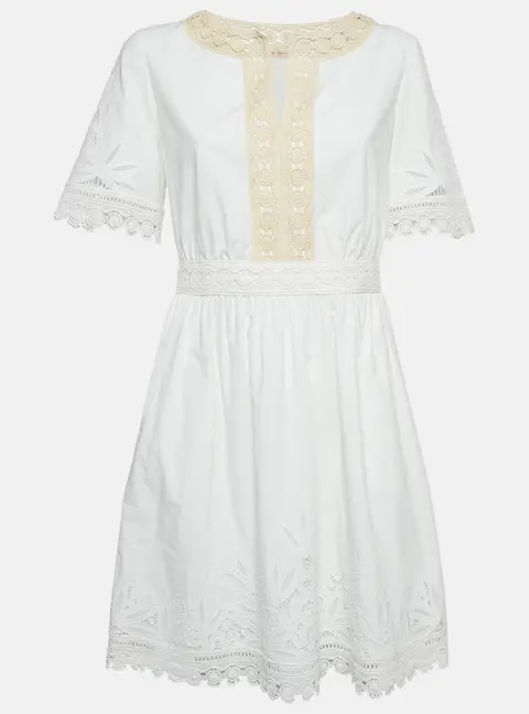 Tory Burch White Cotton Lace Trimmed Larissa Mini Dress S