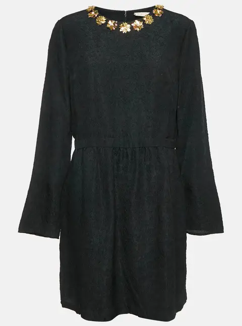 Tory Burch Black Floral Embossed Silk Blend Embellished Short Dress XL