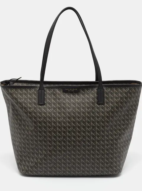 Tory Burch Ever-Ready Mediterranean Black/Green Coated Canvas and Faux Leather Shopper Tote