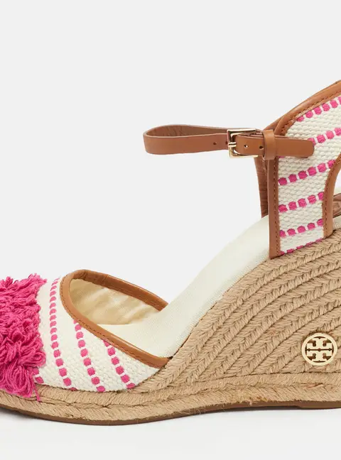 Tory Burch Cream/Pink Canvas and Leather Espadrille Wedge Sandals Size 41