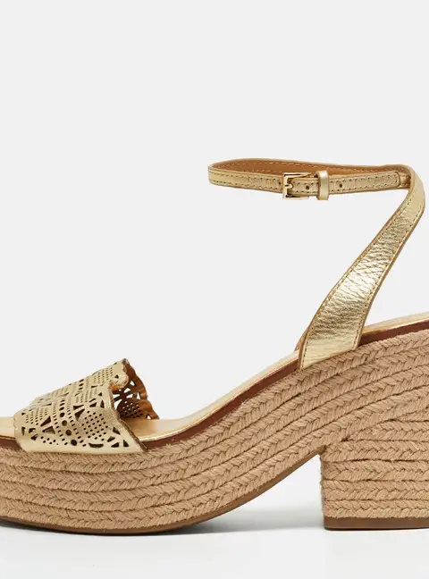 Tory Burch Gold Cutout Leather Roselle Espadrille Platform Sandals Size 41