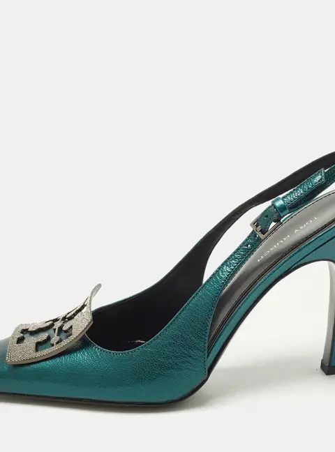 Tory Burch Pave Logo Size 37.5 Teal Green Leather Pumps