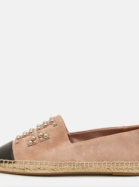 Tory Burch Size 35 Pink/Black Leather and Suede Pearl Logo Slip On Espadrille Flats