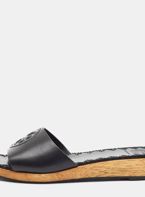 Tory Burch Patty Size 36.5 Black Leather Wedge Sandals