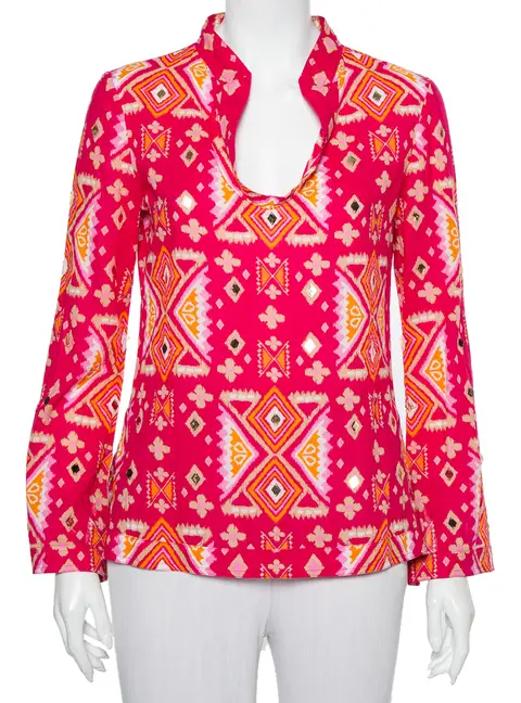 Tory Burch Pink Batik Printed Cotton Embellished Oversized Top S