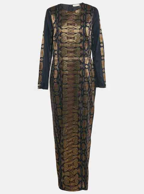 Tory Burch Navy Blue Lurex Jacquard Long Sleeve Maxi Dress L