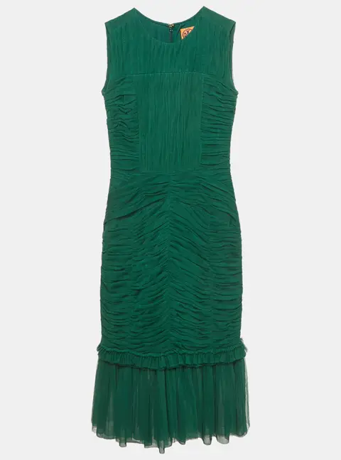 Tory Burch Emerald Green Mesh Rushed Ethel Midi Dress XS