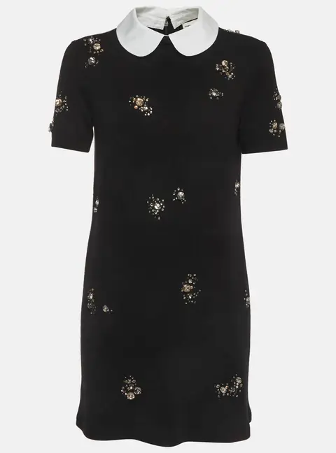 Tory Burch Black Wool Blend Embellished Poplin Collar Dress S