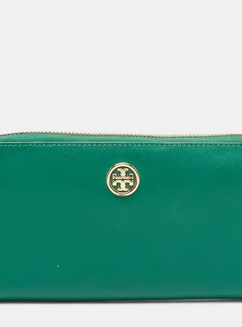 Tory Burch Green Leather Robinson Zip Around Wallet