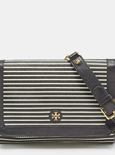 Tory Burch Black/White Stripe Leather Kerrington Crossbody Bag
