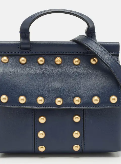 Tory Burch Navy Blue Leather Mini Block-T Studded Top Handle Bag