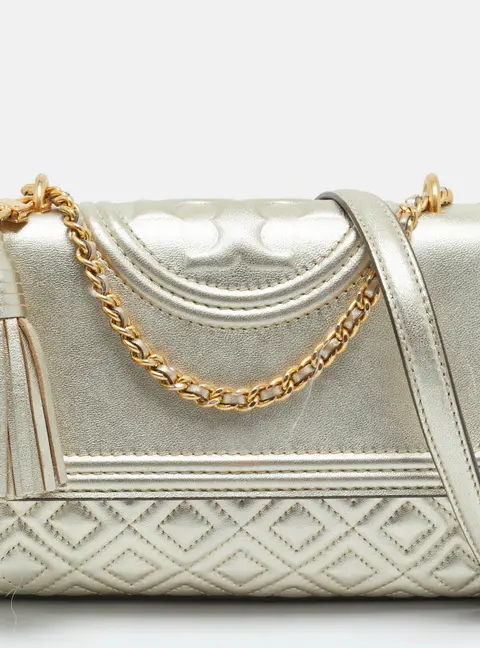 Tory Burch Fleming Small Gold Laminated Leather Shoulder Bags