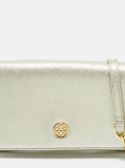 Tory Burch Robinson Silver Leather Wallet On Chain
