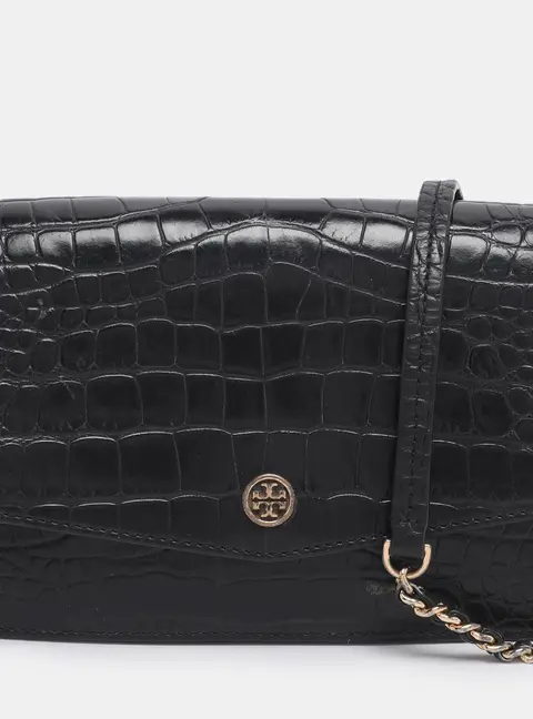 Tory Burch emerson Black Croc Embossed Leather Crossbody Bag
