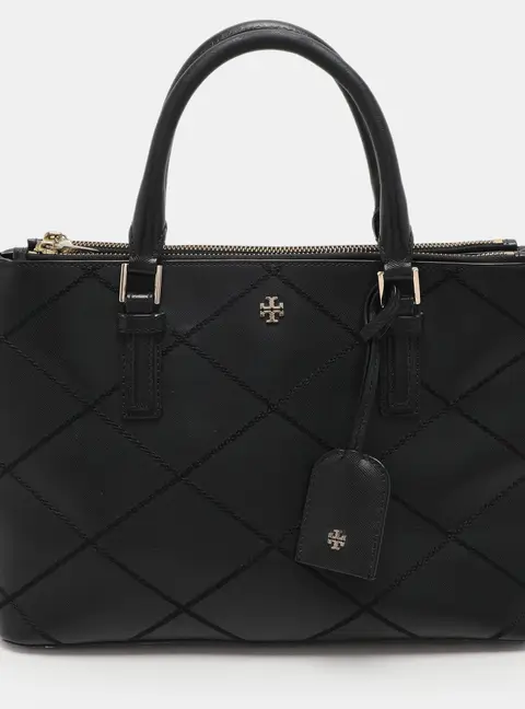 Tory Burch Black Wild Stitch Leather Robinson Double Zip Tote