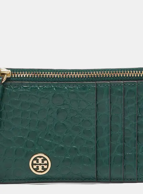 Tory Burch Robinson Green Croc Embossed Leather Card Holder
