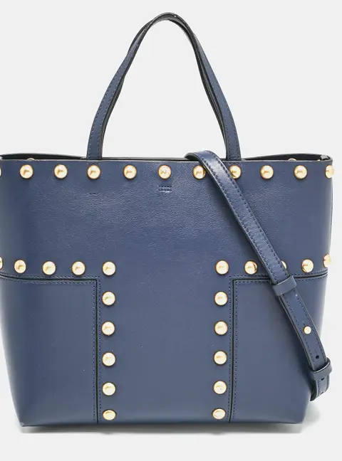 Tory Burch Navy Blue Leather Mini Block-T Stud Tote