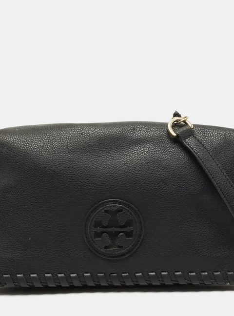 Tory Burch Whipstitch Fold Over Black Leather Crossbody Bag