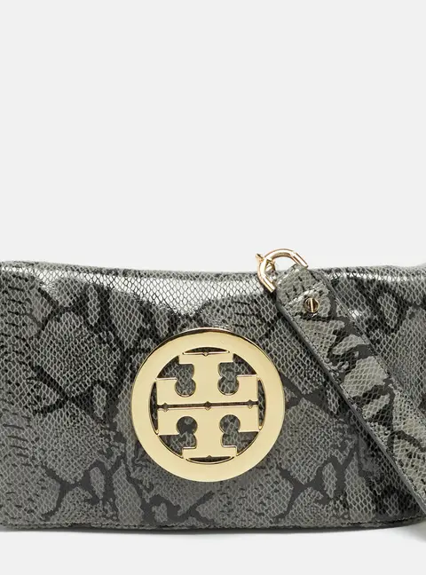 Tory Burch Reva Flap Grey Python Print Suede Shoulder Bag