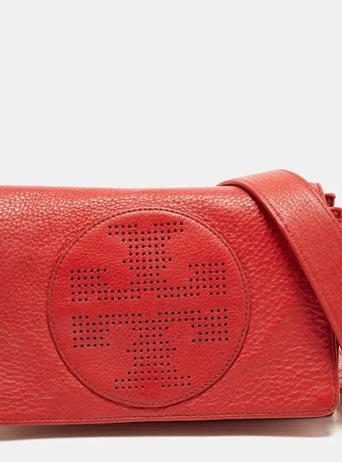 Tory Burch Perforated Logo Flap Red Leather Crossbody Bag