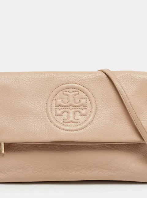 Tory Burch Thea Fold Over Beige Leather Crossbody Bag