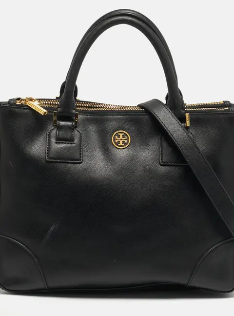 Tory Burch Robinson Double Zip Large Black Leather Tote