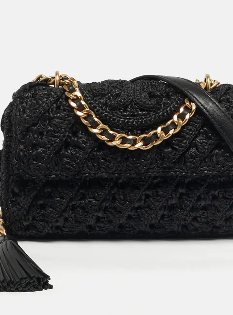 Tory Burch Fleming Crochet Small Black Straw Shoulder Bag