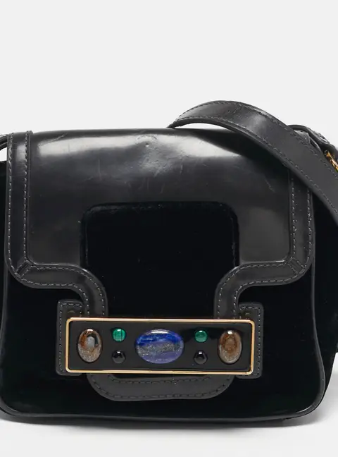 Tory Burch Crystal Embellished Black Leather and Velvet Flap Crossbody Bag