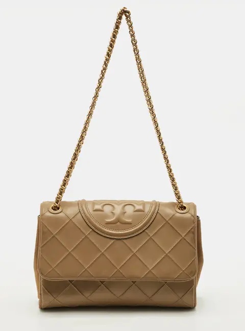 Tory Burch Fleming Beige Quilted Leather Shoulder Bag