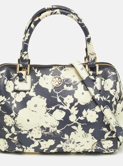 Tory Burch Robinson Navy Blue/Cream Floral Print Coated Canvas Satchel