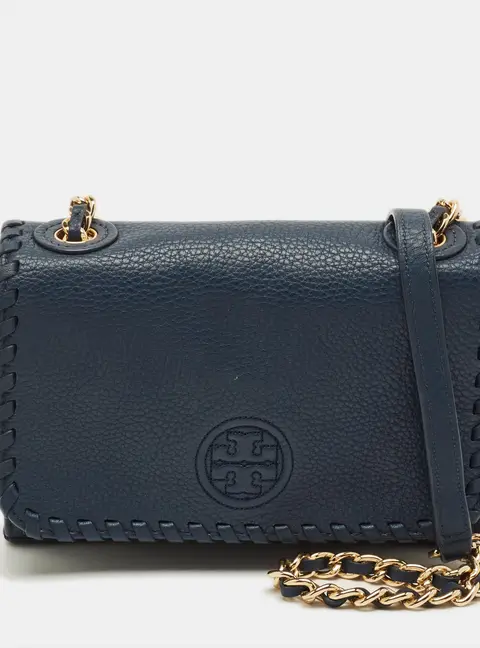 Tory Burch Marion Shrunken Navy Blue Leather Crossbody Bag