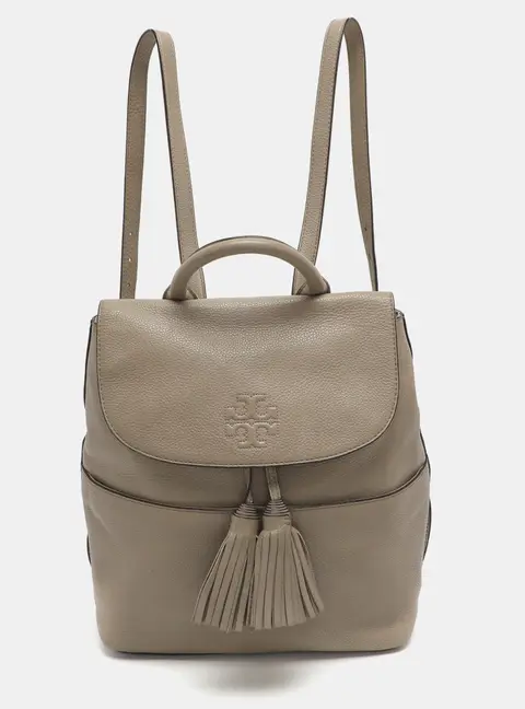 Tory Burch Grey Leather Logo Flap Tassel Backpack