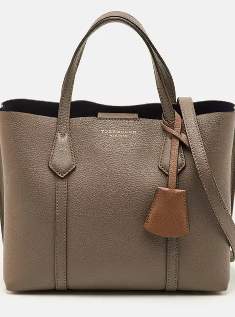 Tory Burch Perry Triple-Compartment Small Taupe Leather Tote