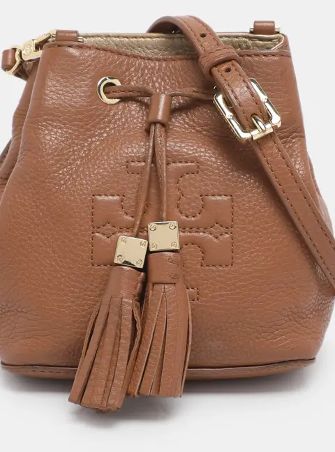 Tory Burch Brown Leather Drawstring Tassel Bucket bag