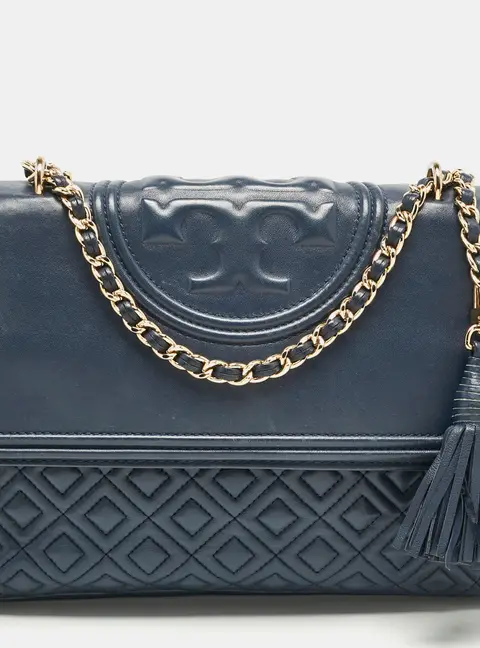 Tory Burch Navy Blue Quilted Leather Fleming Shoulder Bag