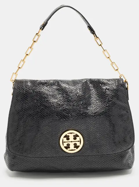 Tory Burch Black Snake Embossed Leather Flap Shoulder Bag